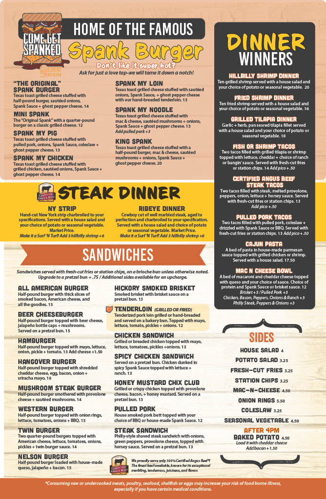 Spank Burger restaurant menu featuring burgers, sandwiches, steaks, dinners, and sides with pricing and descriptions