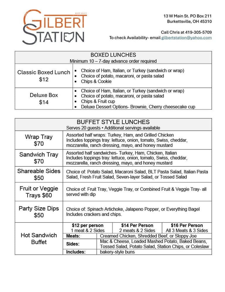 Gilbert Station catering menu showing boxed lunches and buffet-style lunch options with pricing and details