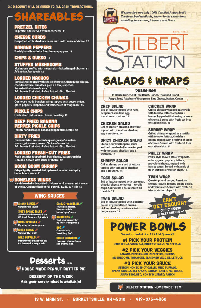 Shareables restaurant menu featuring appetizers, salads, wraps, power bowls, wing sauces, and desserts with pricing information