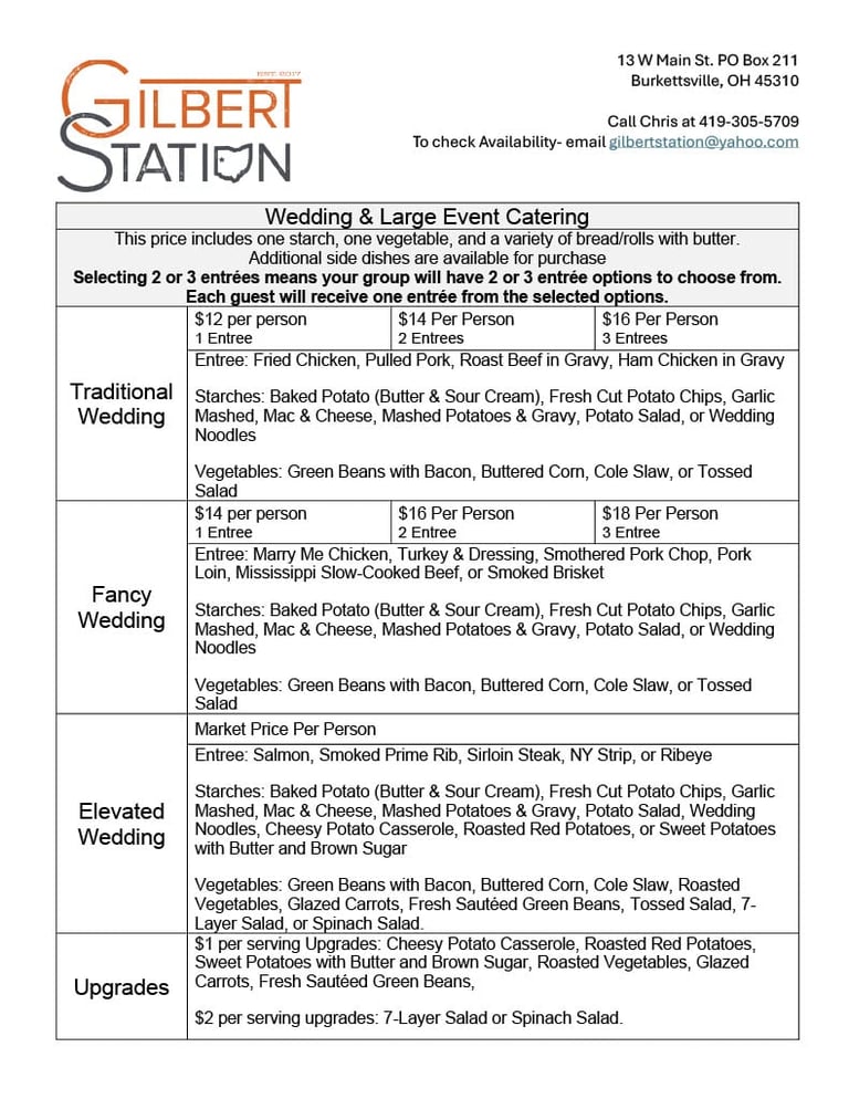 Gilbert Station wedding and catering menu with pricing tiers for Traditional, Fancy, Elevated, and upgraded meal options