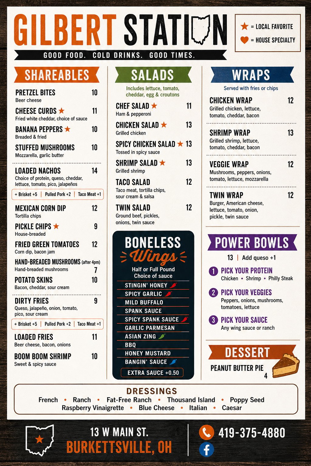 Gilbert Station menu board showing shareables, salads, wraps, boneless wings, power bowls, and desserts with prices in Burkettsville, OH