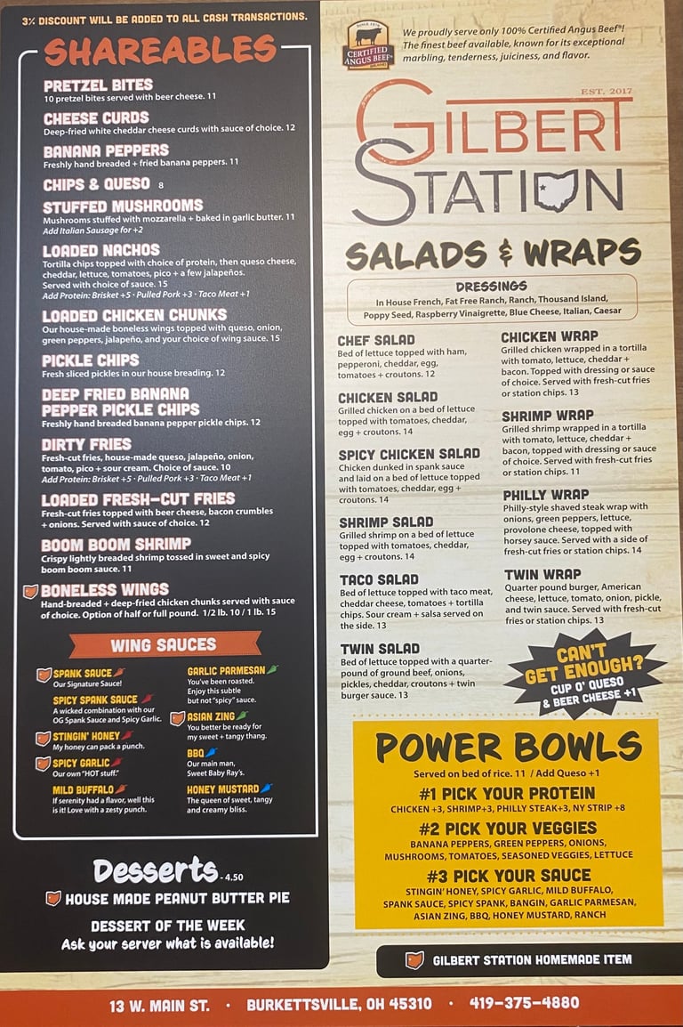 Gilbert Station restaurant menu displaying shareables, salads, wraps, power bowls, desserts and wing sauces with pricing in Burketsville, OH