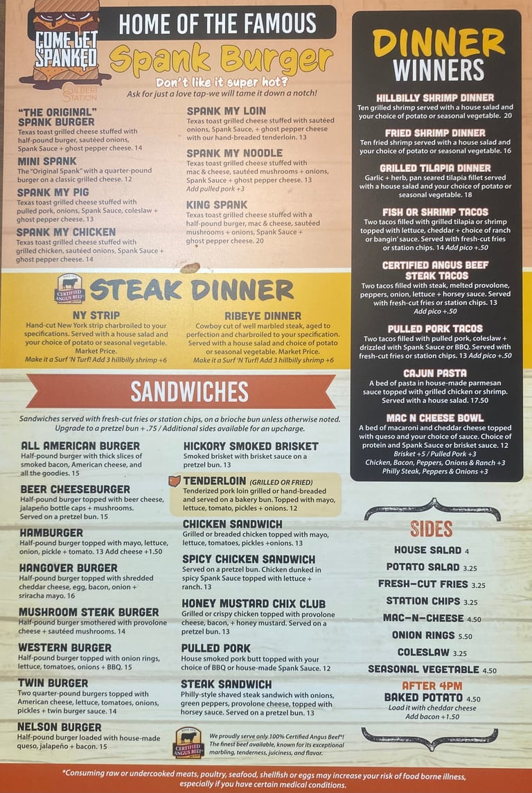 Menu for Spank Burger restaurant showing burger options, steaks, sandwiches, dinner specials, and sides with prices