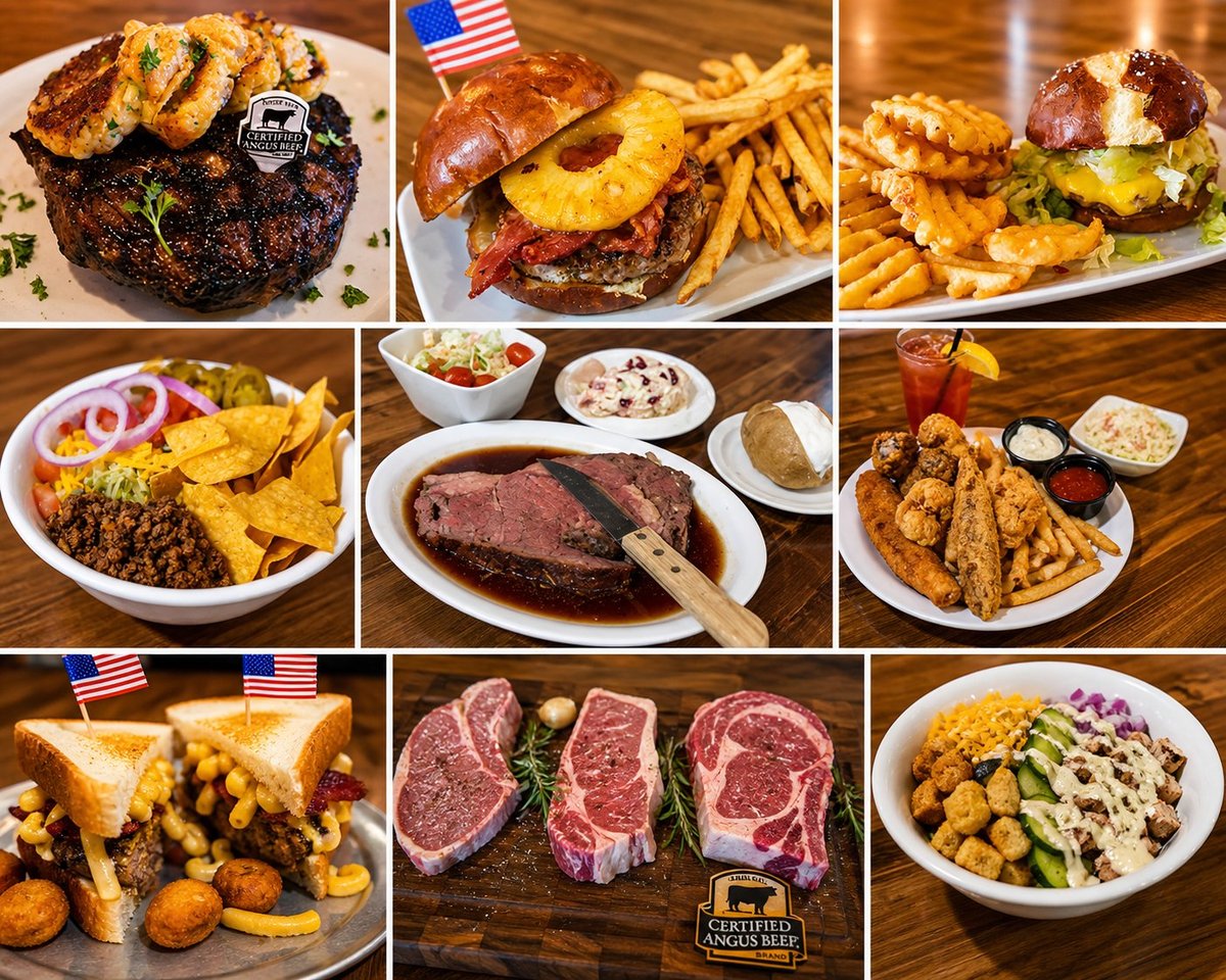 Collage of American steakhouse dishes including burgers, steaks, fries, fried chicken, and prepared meat platters